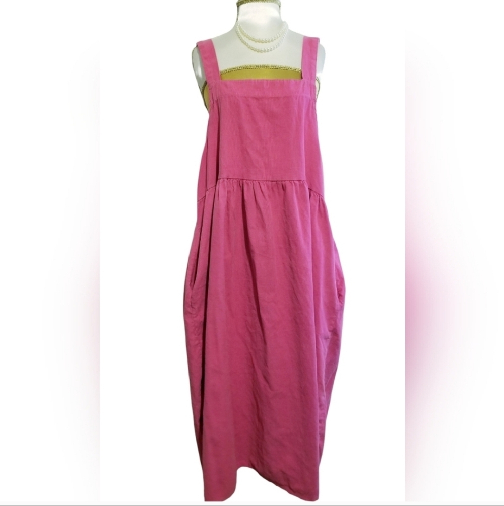 Made In Italy Pink Corduroy 100% Cotton Overall Dress Oversized Lagenlook Style